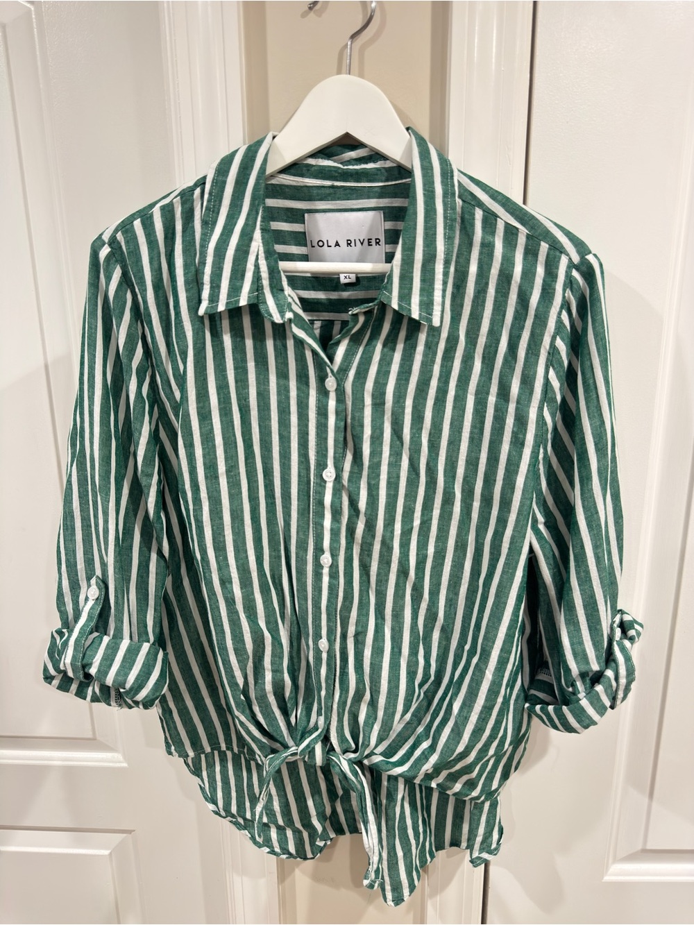 Lola River Green White Striped Tie Front Button Down Shirt Women's XL